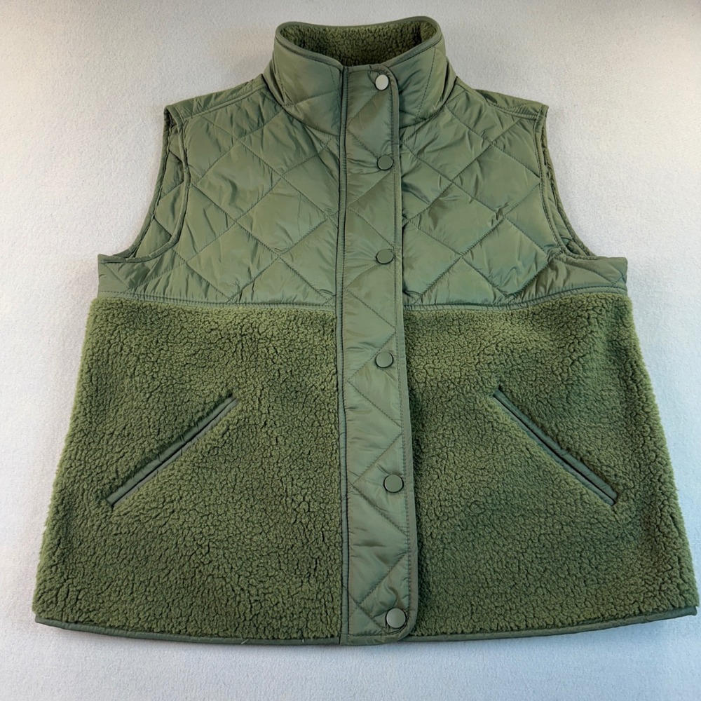 Joie Vest Womens Mixed Media Quilted Sherpa Snap Front Puffy Olive Green Medium